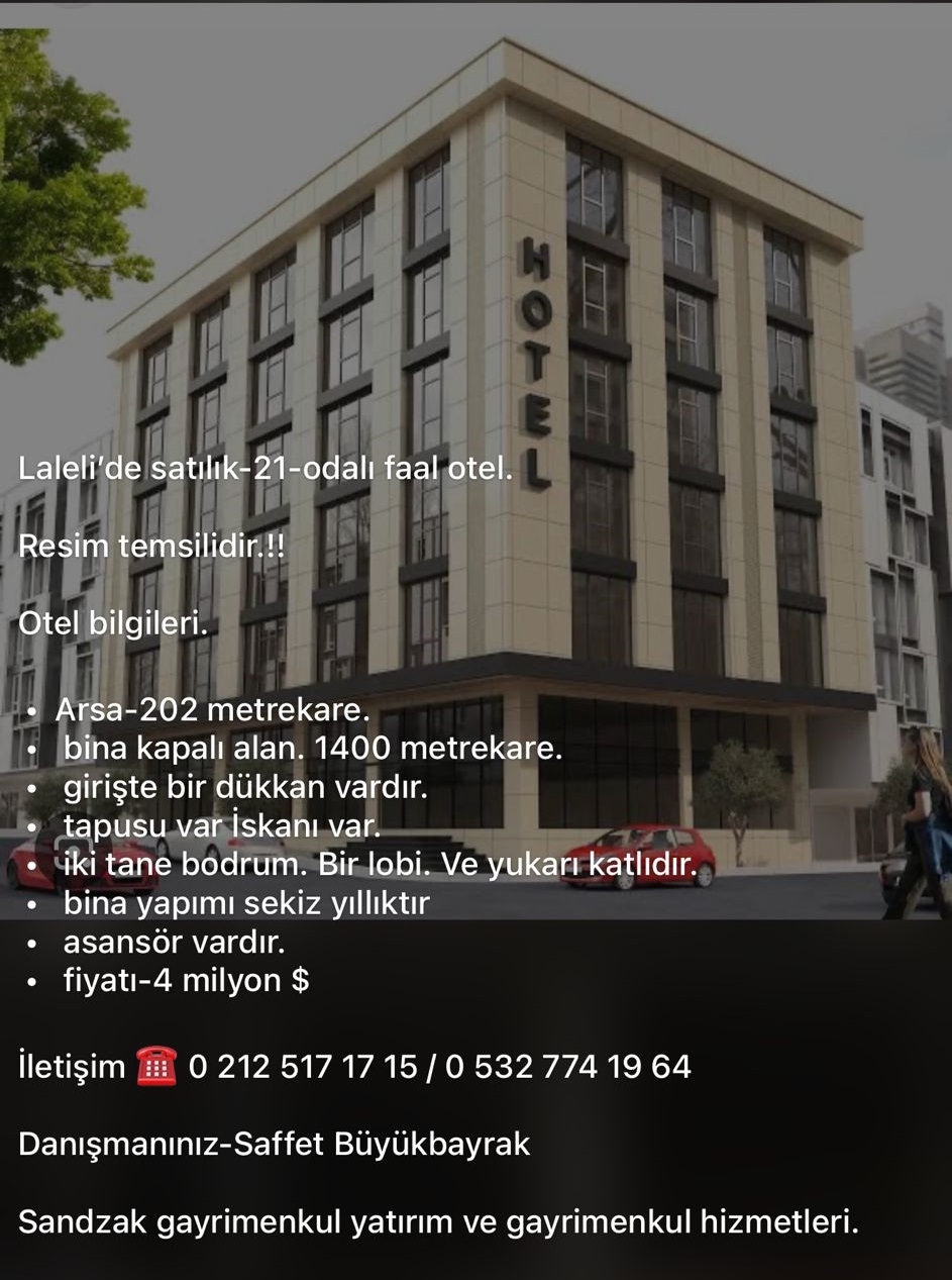 Laleli'de Satılık Turistik Faal Hotel